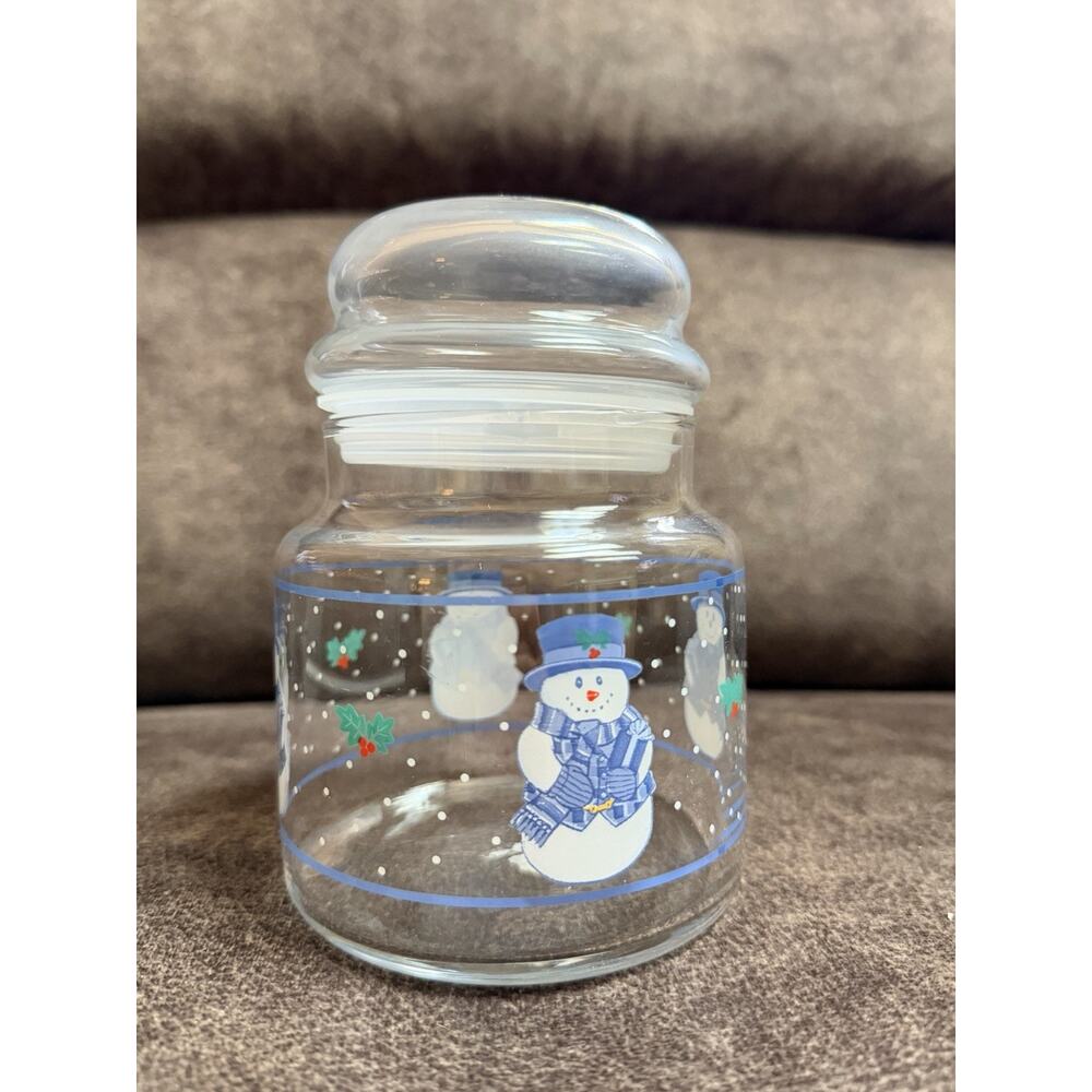 Libbey Clearly Winter Snowman Glass Canister Jar Storage Christmas